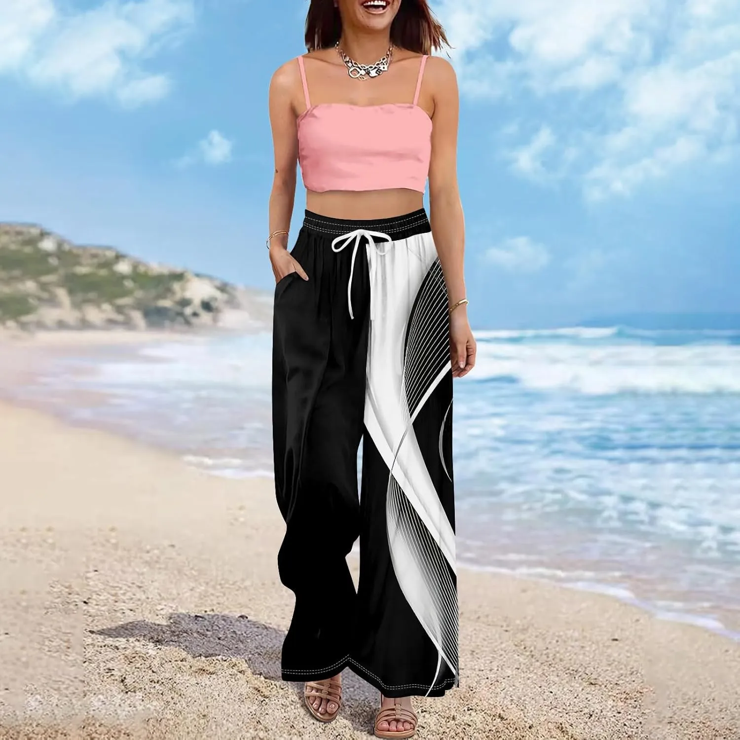 ADHOWBEW Boho Wide Leg Pants for Women Palazzo Wide Leg Harem Flowy Dressy Yoga Beach Bohemian Loose Trousers