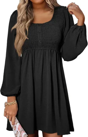 Big Swing Dress for Women Square Neck Long Sleeve Front Button Mini Dresses Waist Ruffle A-Line Bubble Wedding Dress
