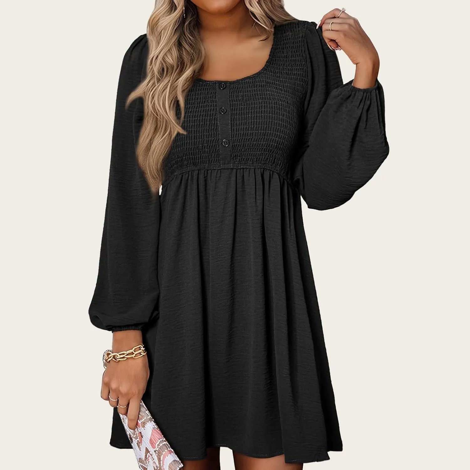 Big Swing Dress for Women Square Neck Long Sleeve Front Button Mini Dresses Waist Ruffle A-Line Bubble Wedding Dress