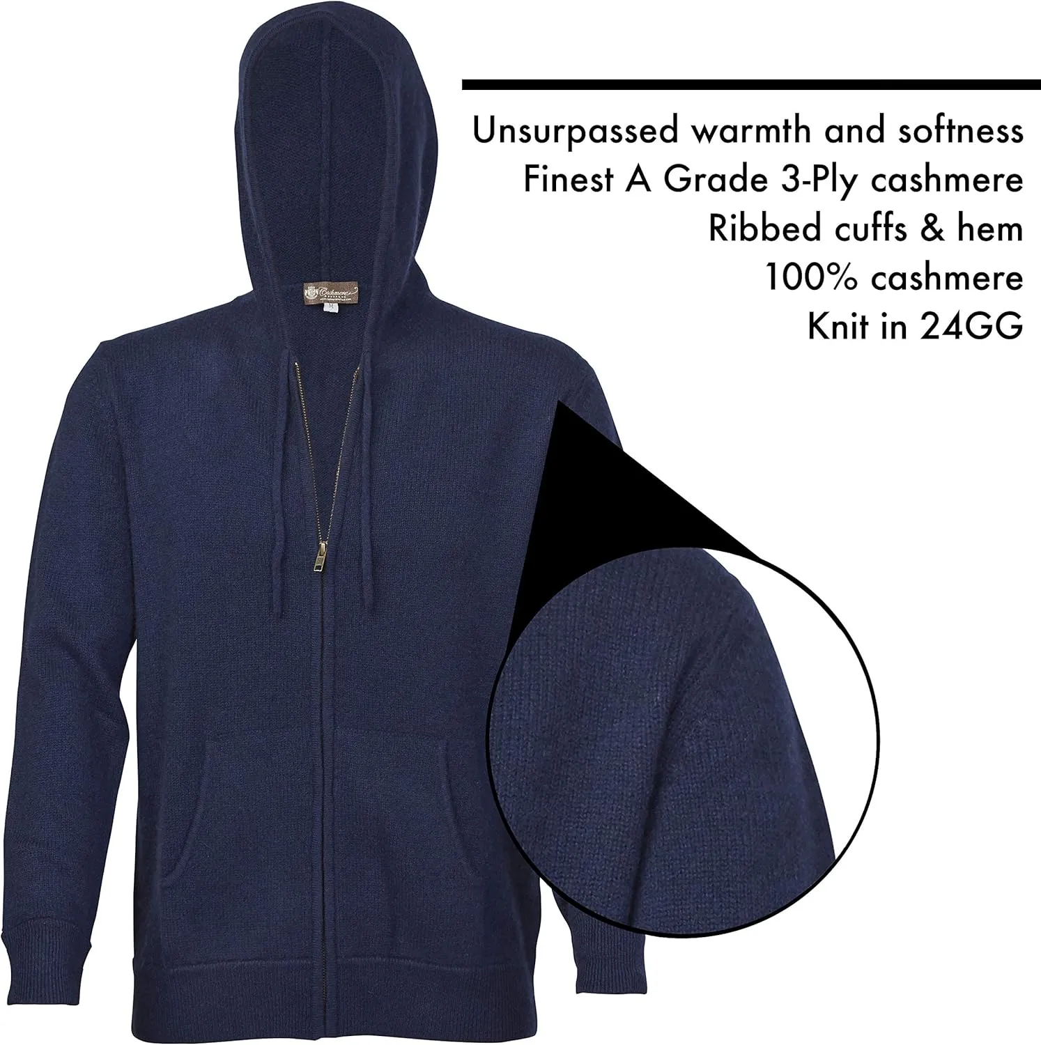 Cashmere Boutique 100% Pure Cashmere Hoodie Sweaters for Men  Full Zip, Long Sleeve, and Both Side Front Pockets