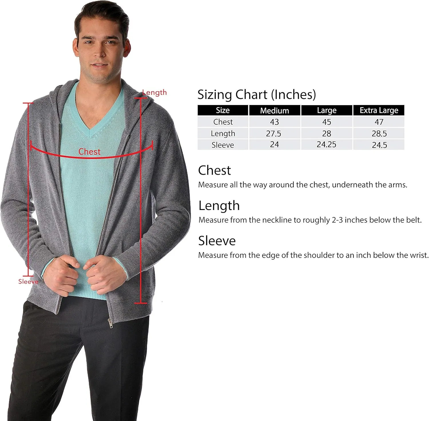 Cashmere Boutique 100% Pure Cashmere Hoodie Sweaters for Men  Full Zip, Long Sleeve, and Both Side Front Pockets