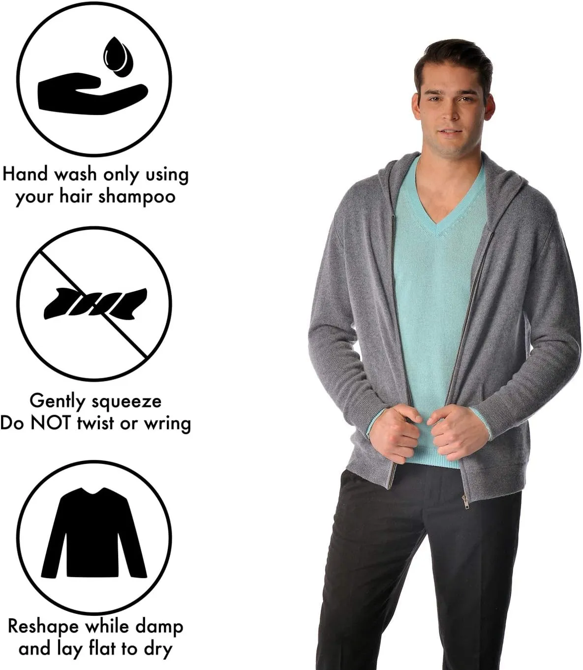 Cashmere Boutique 100% Pure Cashmere Hoodie Sweaters for Men  Full Zip, Long Sleeve, and Both Side Front Pockets