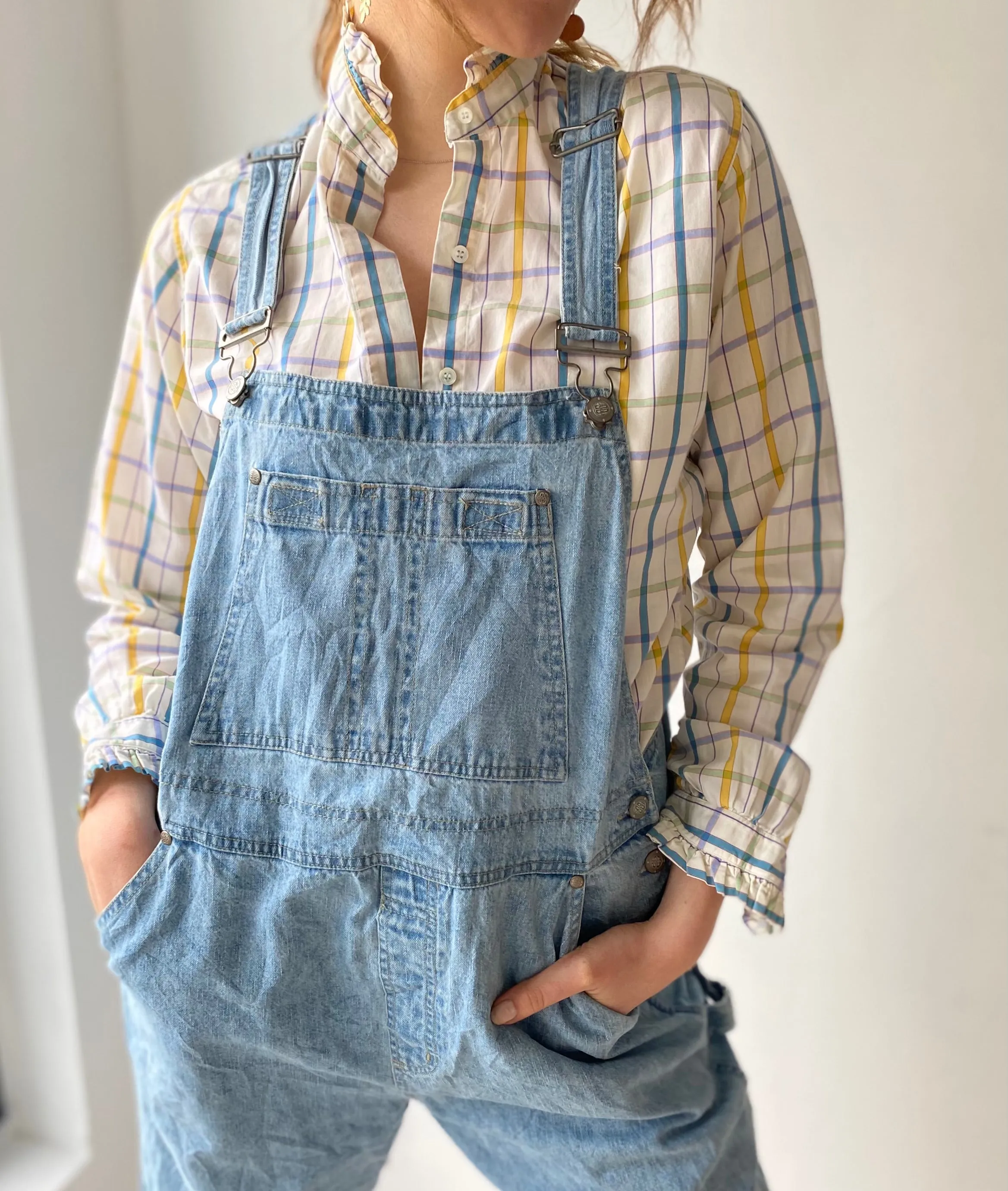 Check ruffle trim cotton blouse
