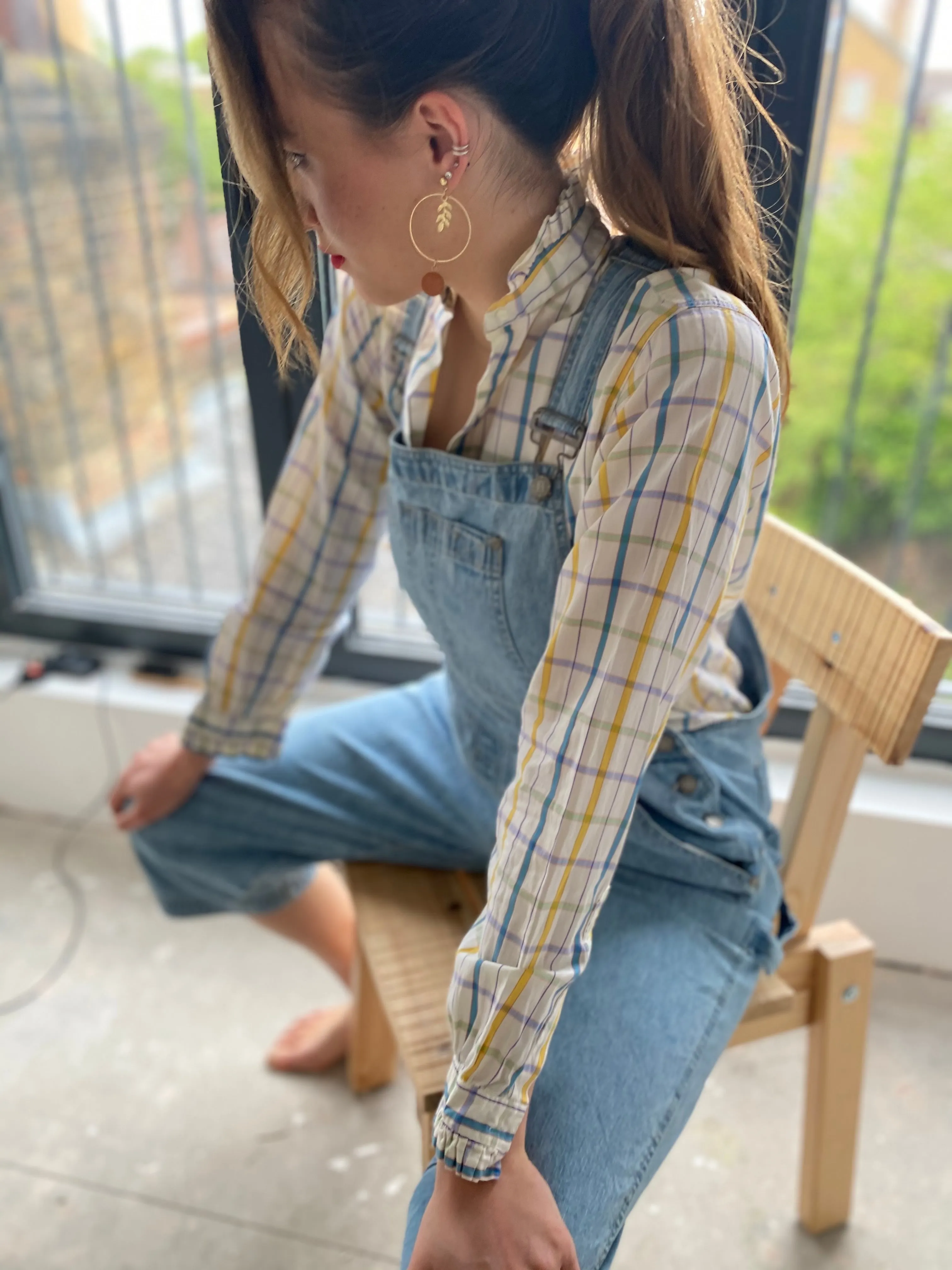 Check ruffle trim cotton blouse