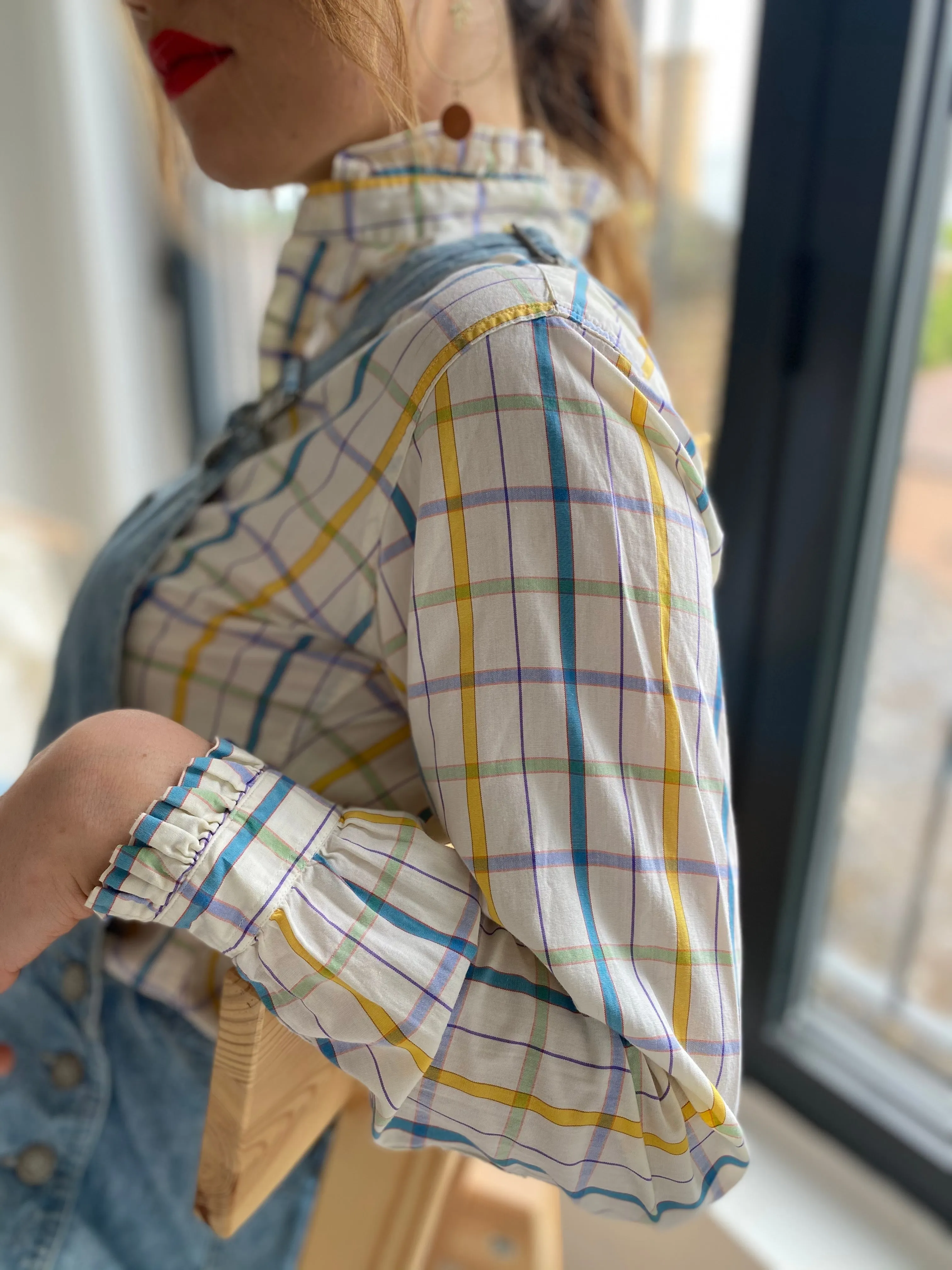Check ruffle trim cotton blouse