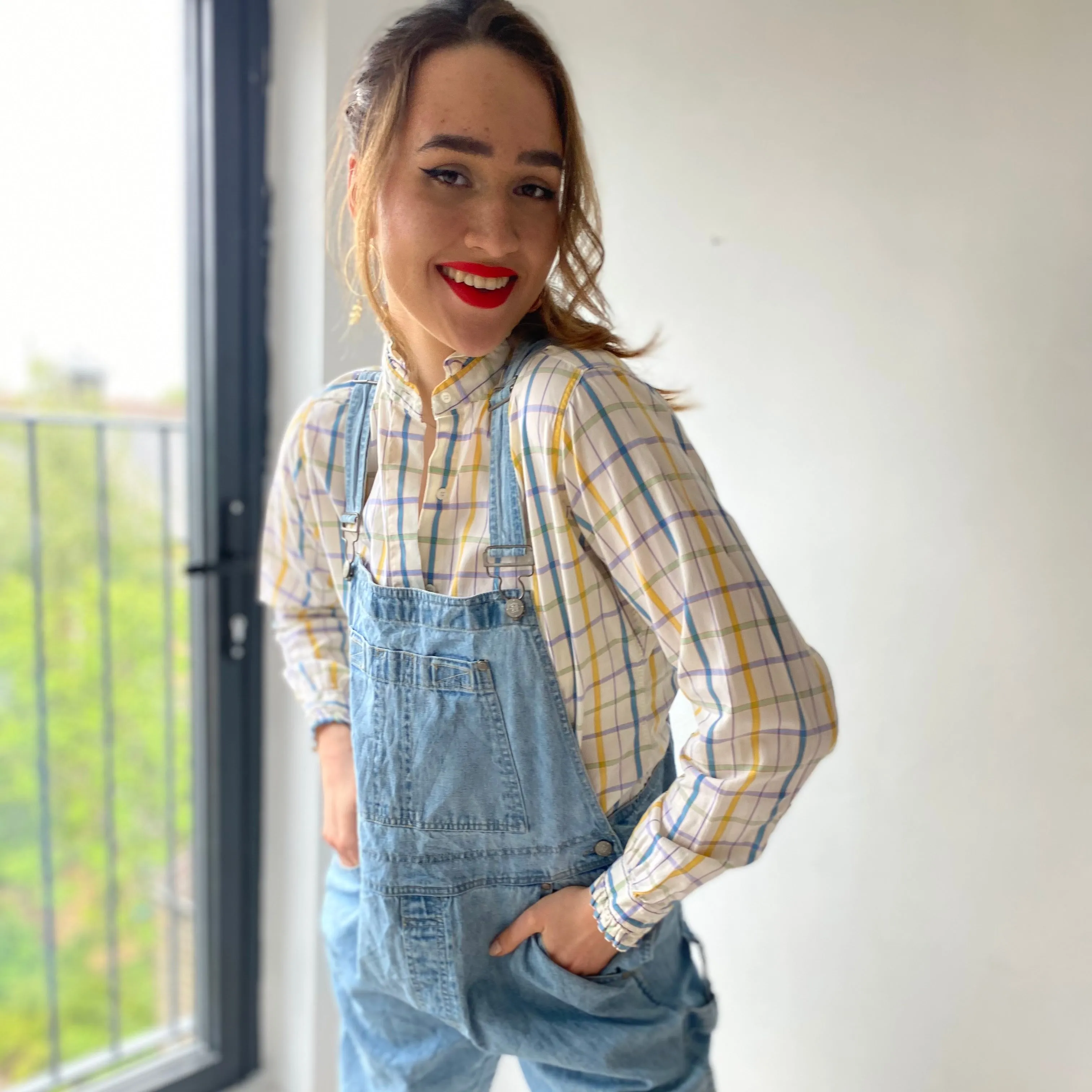 Check ruffle trim cotton blouse