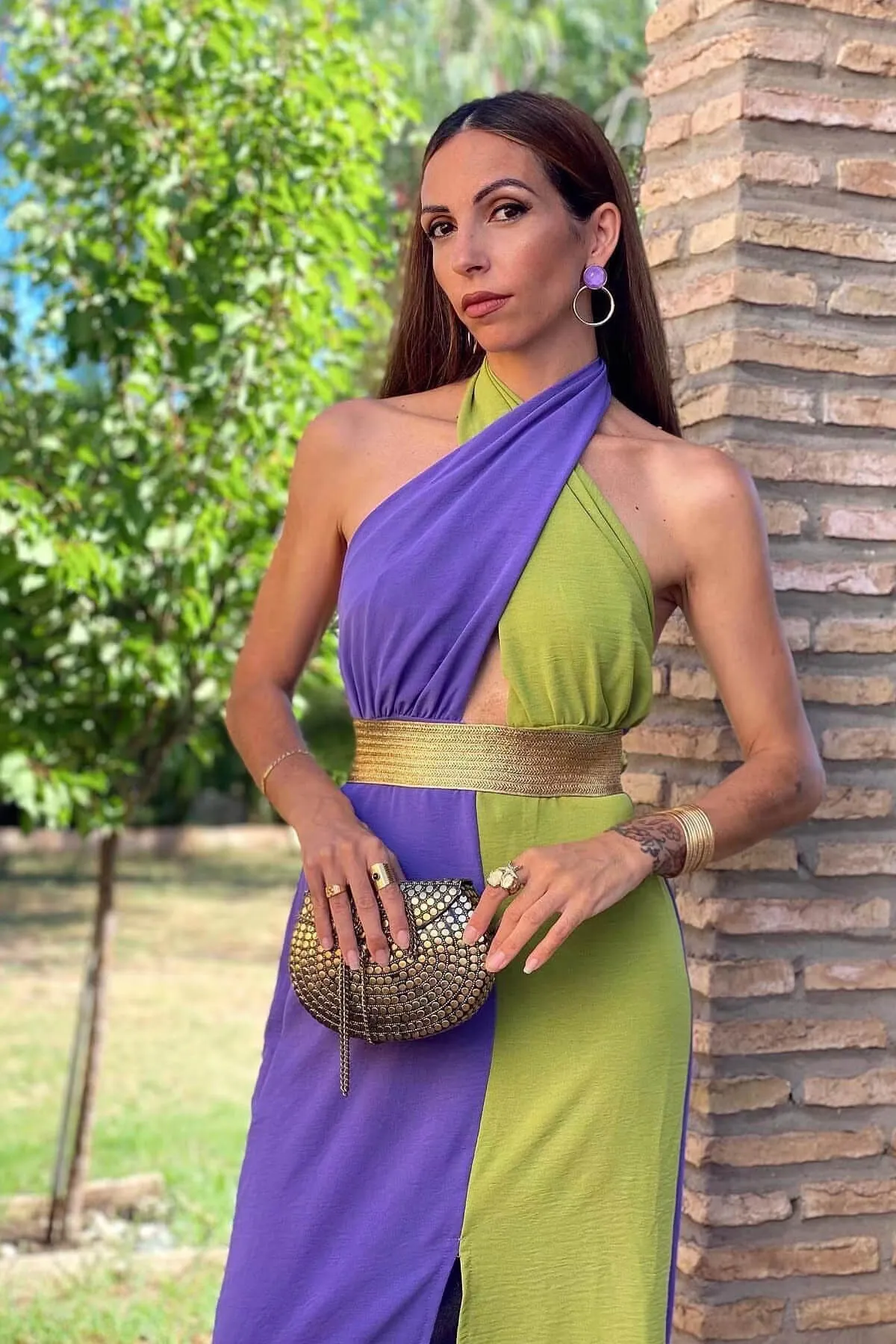 Chic Color-Blocked A-Line Prom Dress with High Neck and Stunning Belt Detail