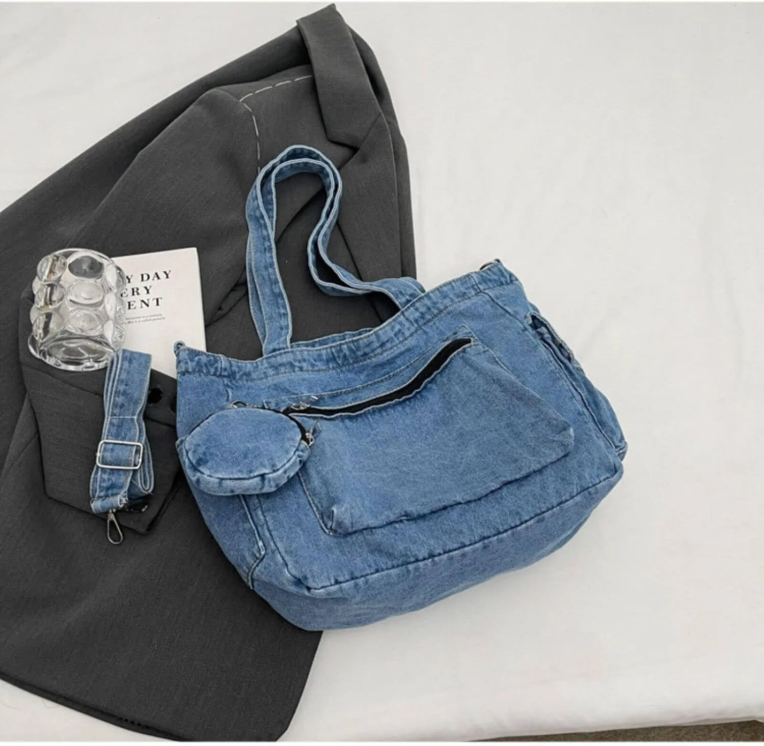Denim Shoulder Bag,Casual Retro Denim Messenger Bag,Blue Jean Purse Large Crossbody Hobo Tote Bag For Women Men 2024