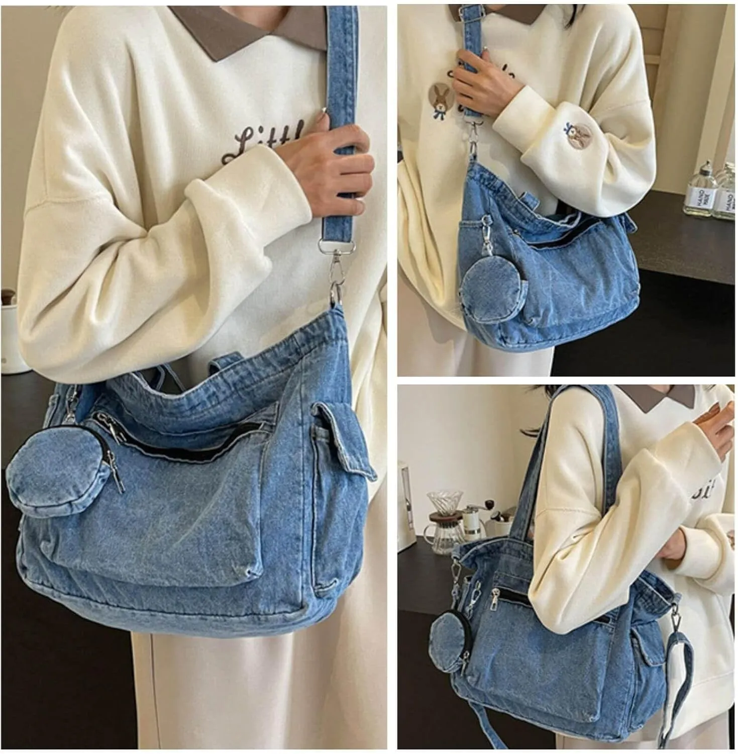 Denim Shoulder Bag,Casual Retro Denim Messenger Bag,Blue Jean Purse Large Crossbody Hobo Tote Bag For Women Men 2024
