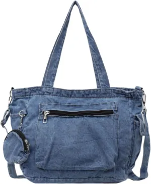 Denim Shoulder Bag,Casual Retro Denim Messenger Bag,Blue Jean Purse Large Crossbody Hobo Tote Bag For Women Men 2024