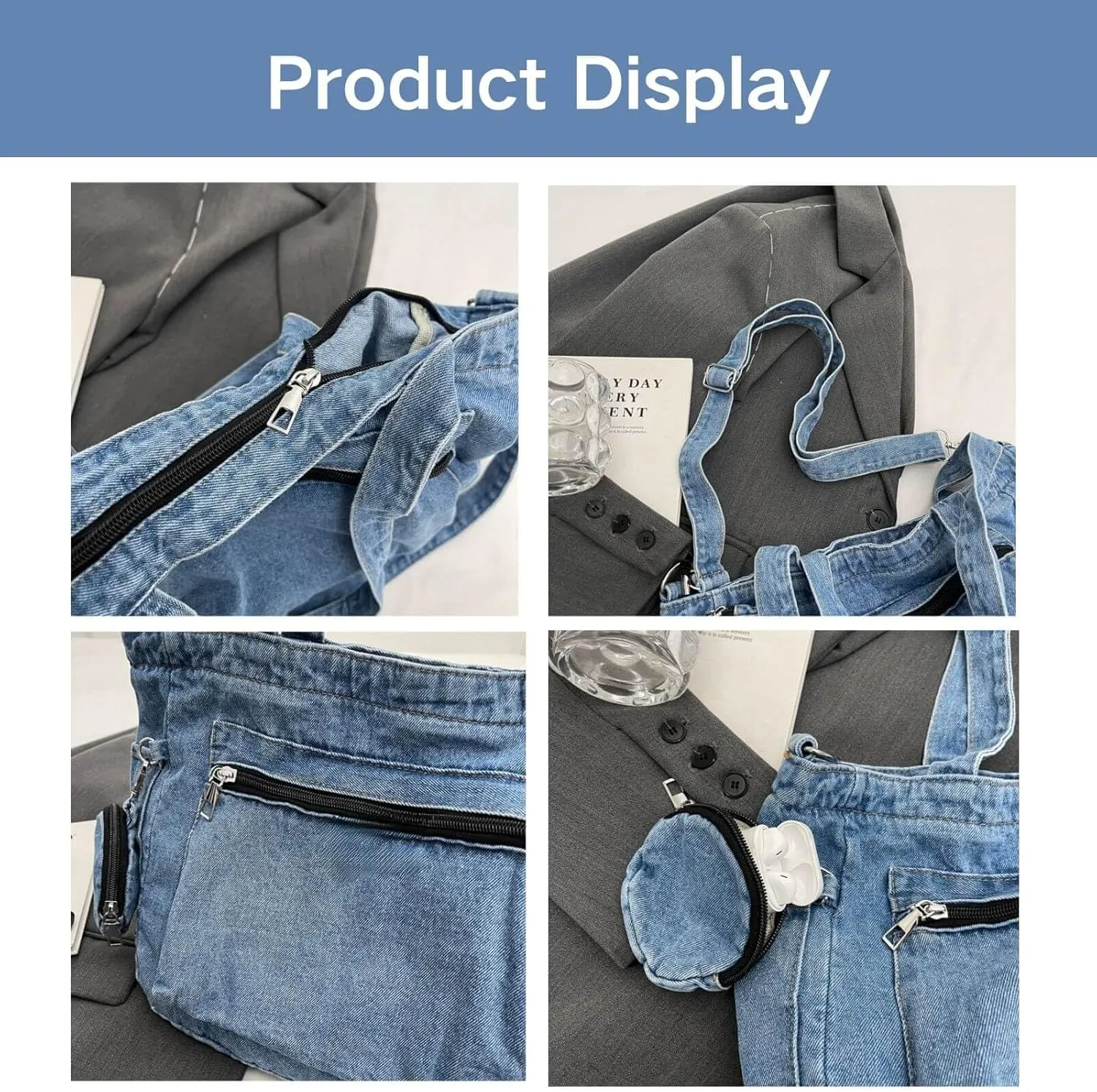Denim Shoulder Bag,Casual Retro Denim Messenger Bag,Blue Jean Purse Large Crossbody Hobo Tote Bag For Women Men 2024