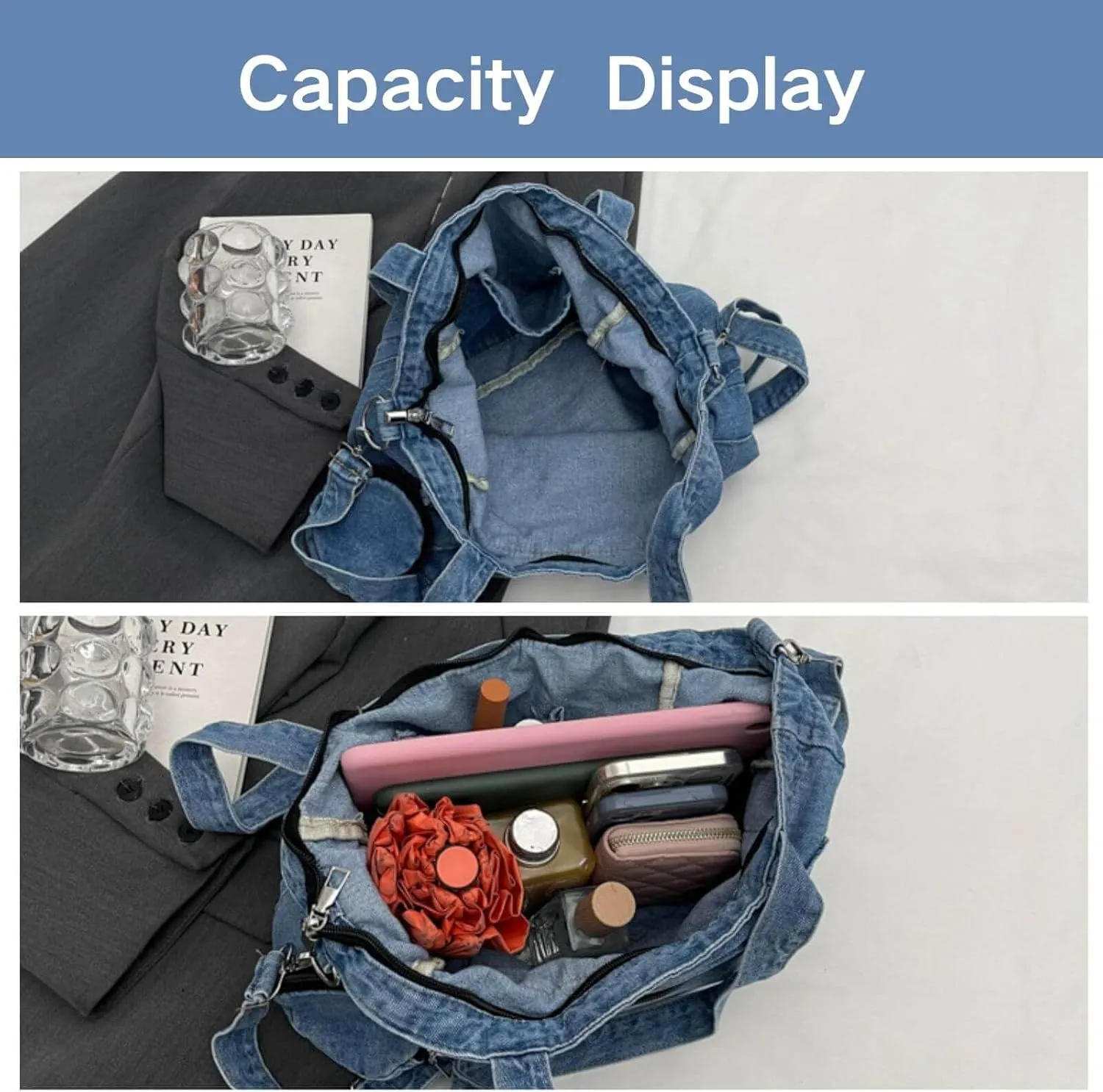 Denim Shoulder Bag,Casual Retro Denim Messenger Bag,Blue Jean Purse Large Crossbody Hobo Tote Bag For Women Men 2024