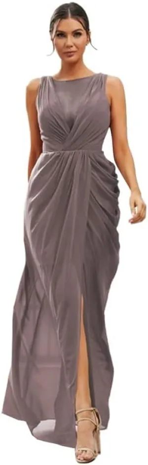 Long Bridesmaid Dresses for Women V Neck Chiffon Formal Party Gowns Ruched Sheath Wedding Guest Dresses with Slit