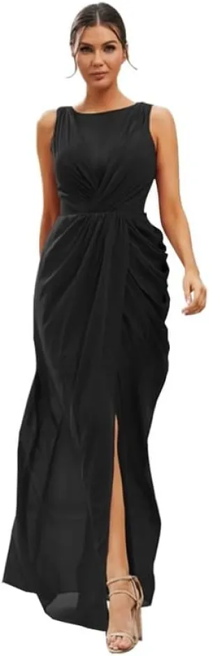 Long Bridesmaid Dresses for Women V Neck Chiffon Formal Party Gowns Ruched Sheath Wedding Guest Dresses with Slit