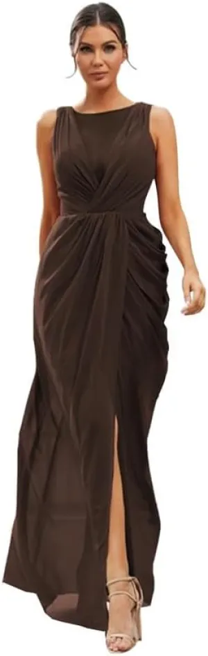 Long Bridesmaid Dresses for Women V Neck Chiffon Formal Party Gowns Ruched Sheath Wedding Guest Dresses with Slit
