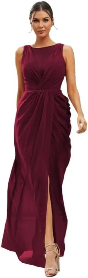 Long Bridesmaid Dresses for Women V Neck Chiffon Formal Party Gowns Ruched Sheath Wedding Guest Dresses with Slit