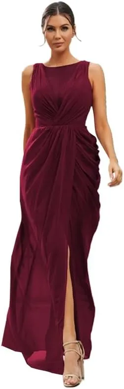 Long Bridesmaid Dresses for Women V Neck Chiffon Formal Party Gowns Ruched Sheath Wedding Guest Dresses with Slit