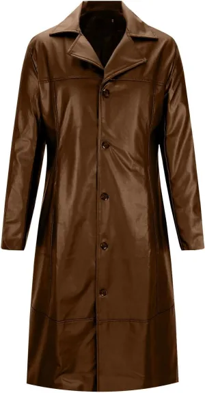 Mens Buttons Retro Leather Jacket Long Steampunk Overcoat Long Sleeve Open Front Cardigan Jacket Vintage Trench Coat
