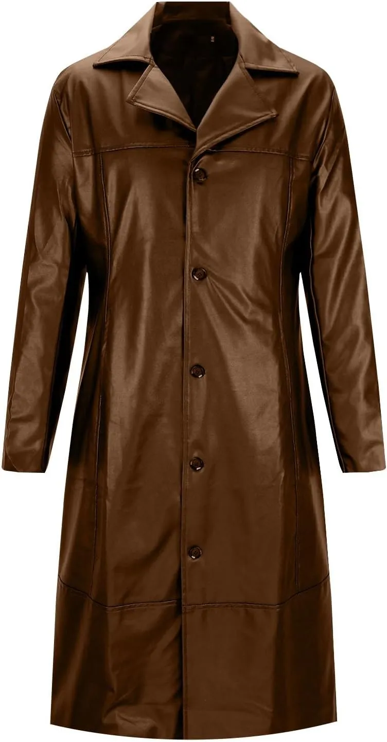 Mens Buttons Retro Leather Jacket Long Steampunk Overcoat Long Sleeve Open Front Cardigan Jacket Vintage Trench Coat