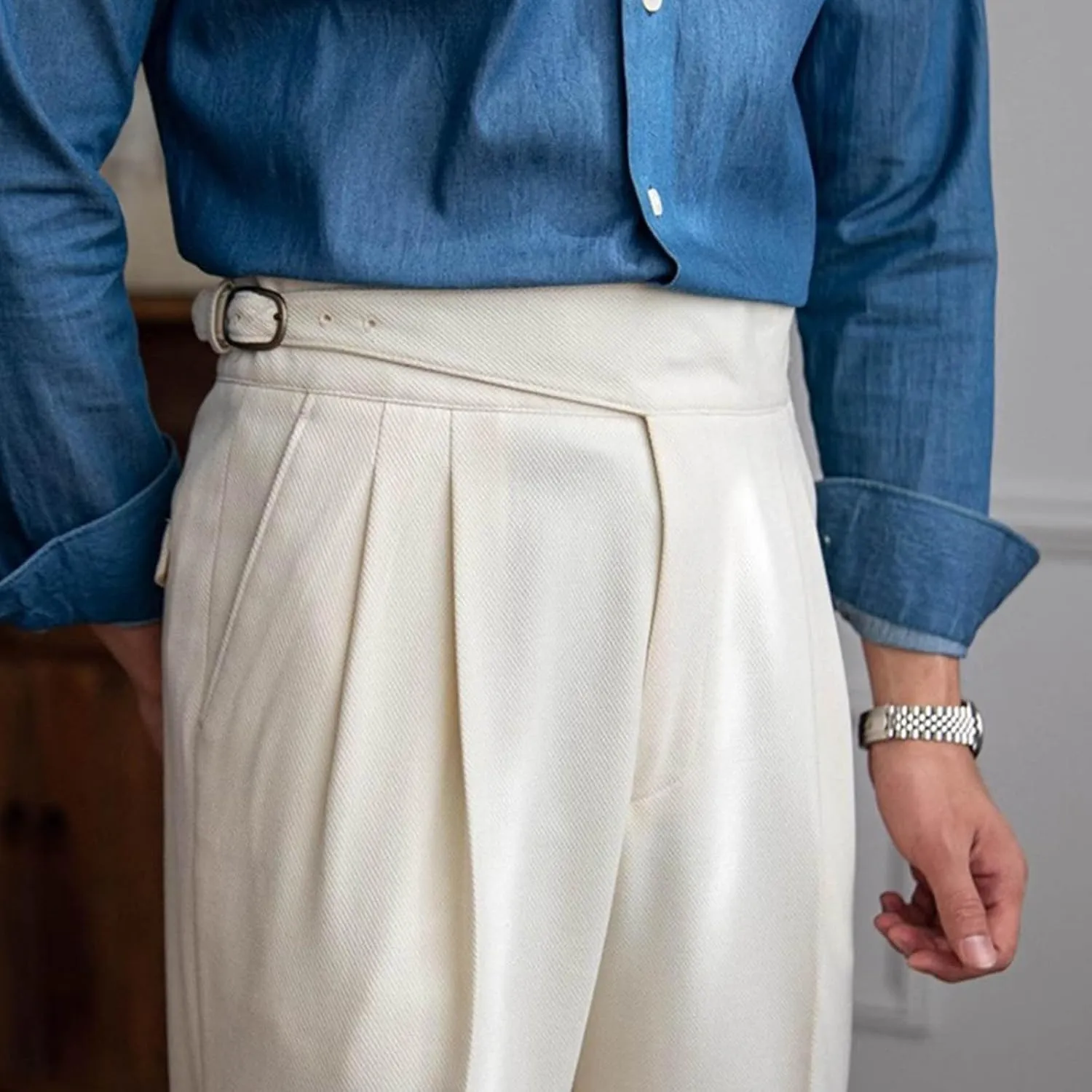 Men's High Waist Dress Pants Business Casual Slim Fit Bottoms Pleated Tailored Trousers Officewear Style