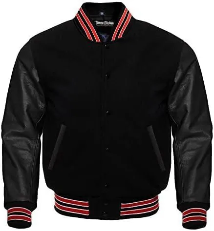Men's Varsity Solid Black Wool and Genuine Leather Sleeves Letterman Jacket in Red Trimming