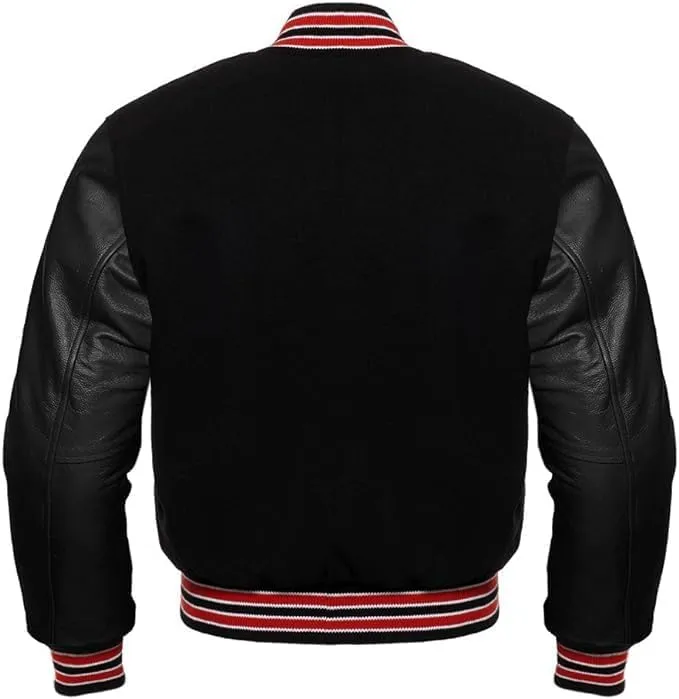 Men's Varsity Solid Black Wool and Genuine Leather Sleeves Letterman Jacket in Red Trimming