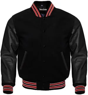 Men's Varsity Solid Black Wool and Genuine Leather Sleeves Letterman Jacket in Red Trimming