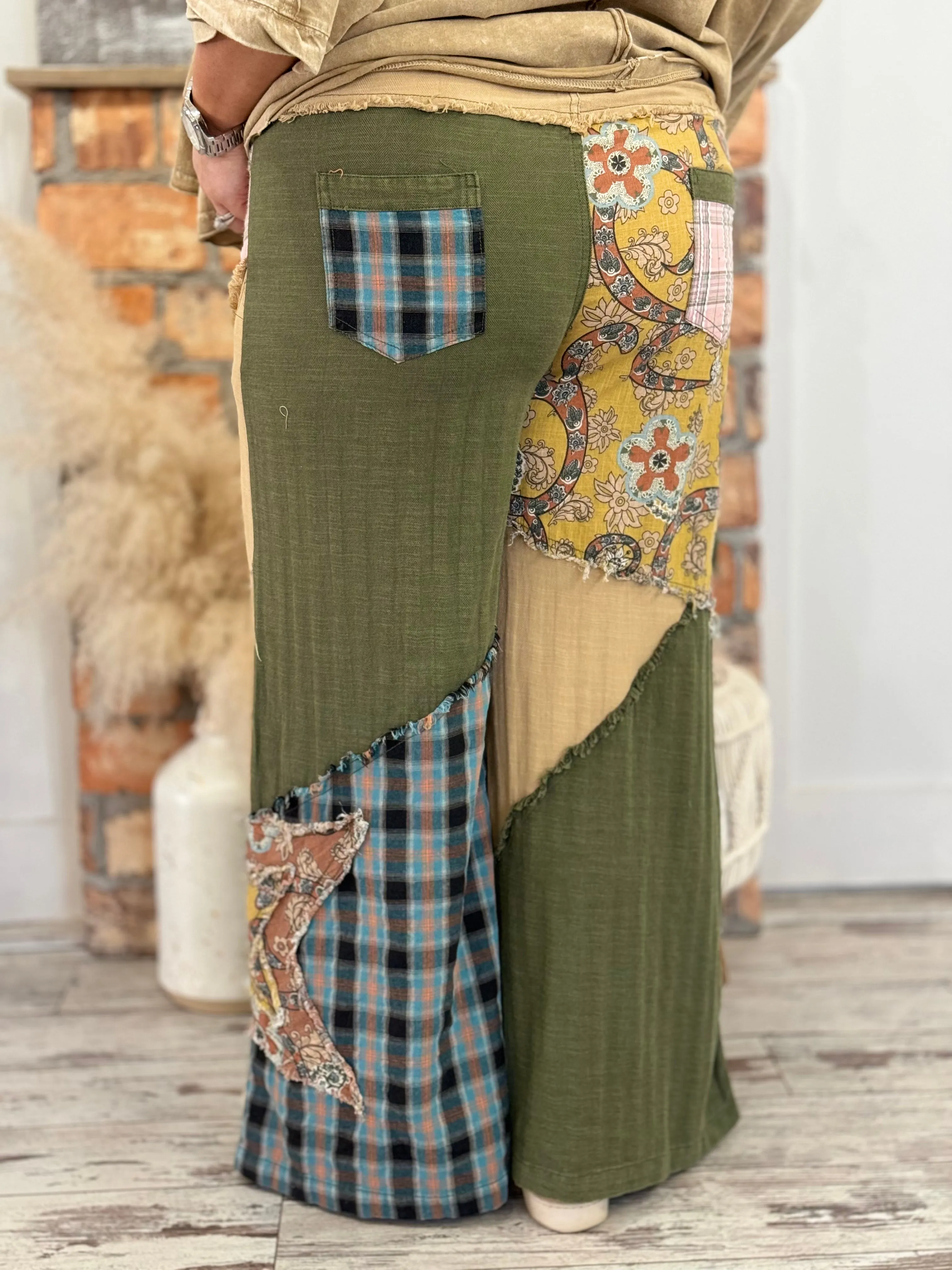 Mixed Patchwork Wide Leg Pants in Olive