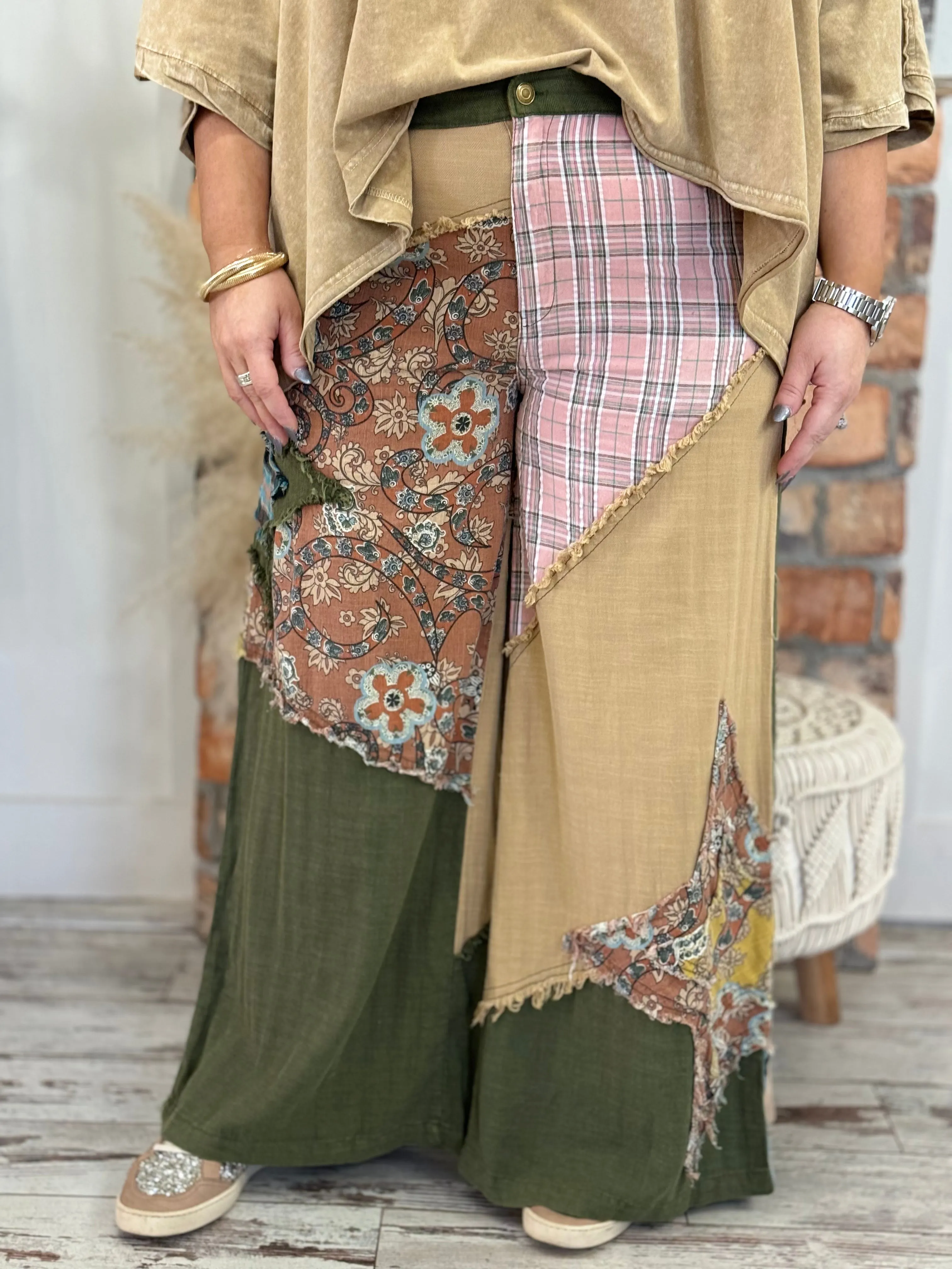 Mixed Patchwork Wide Leg Pants in Olive