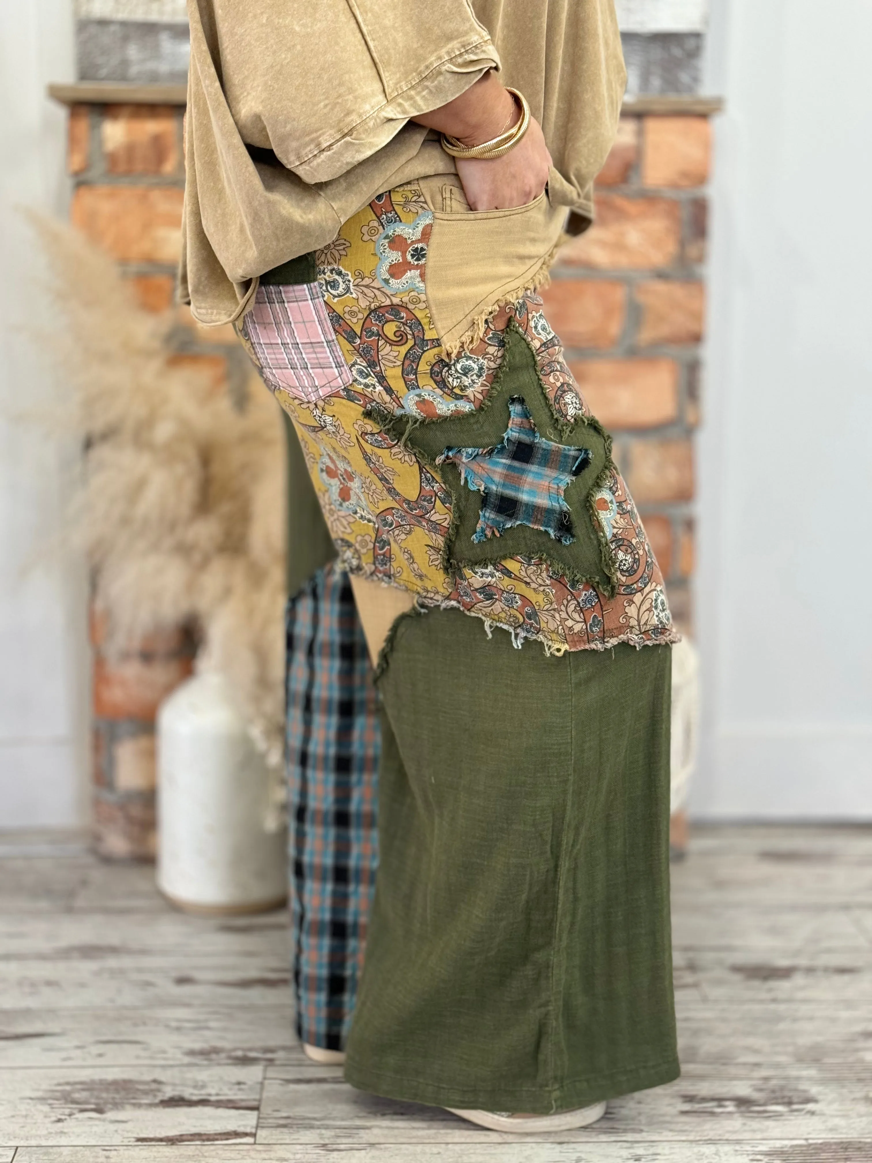 Mixed Patchwork Wide Leg Pants in Olive