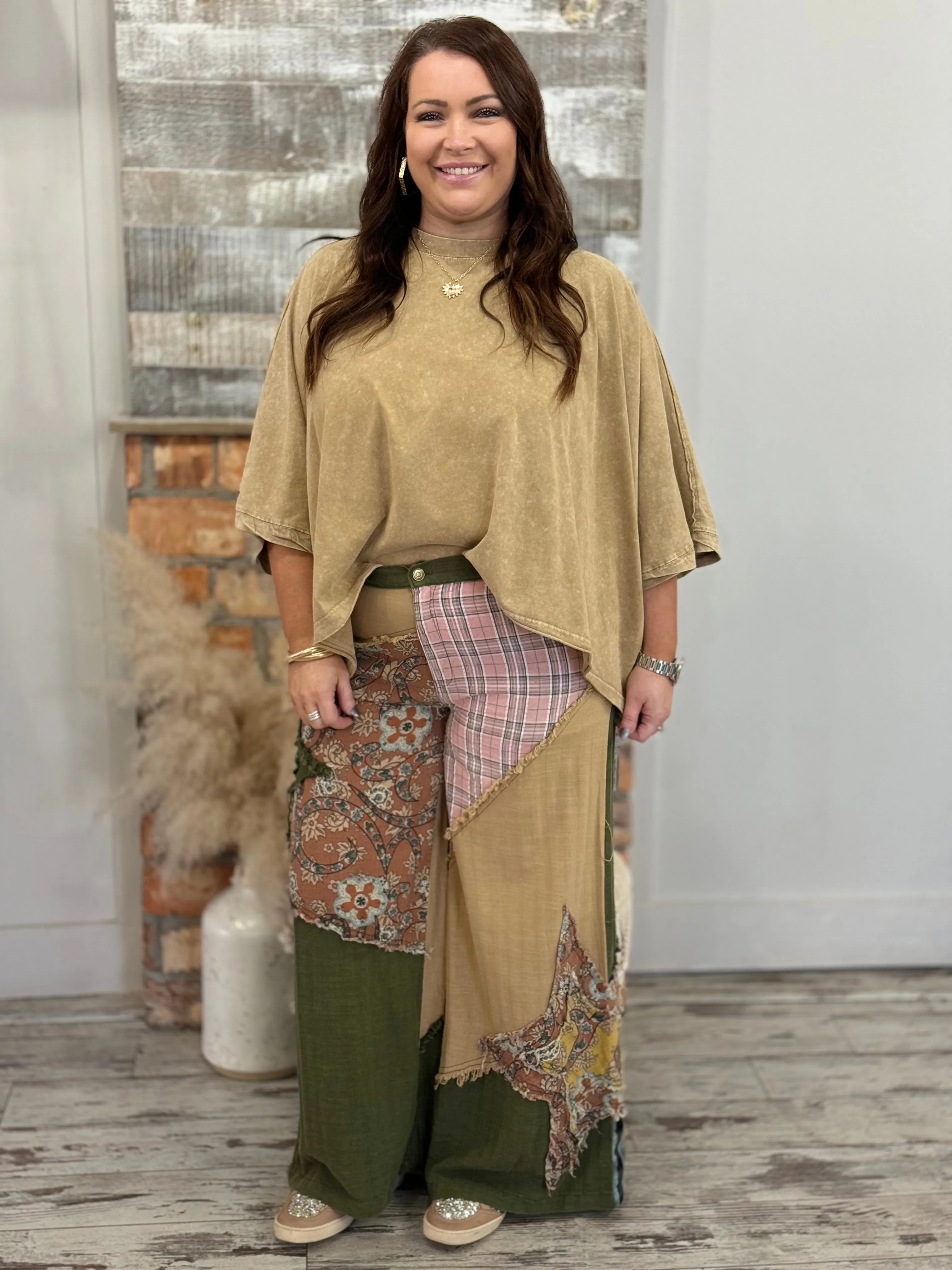 Mixed Patchwork Wide Leg Pants in Olive