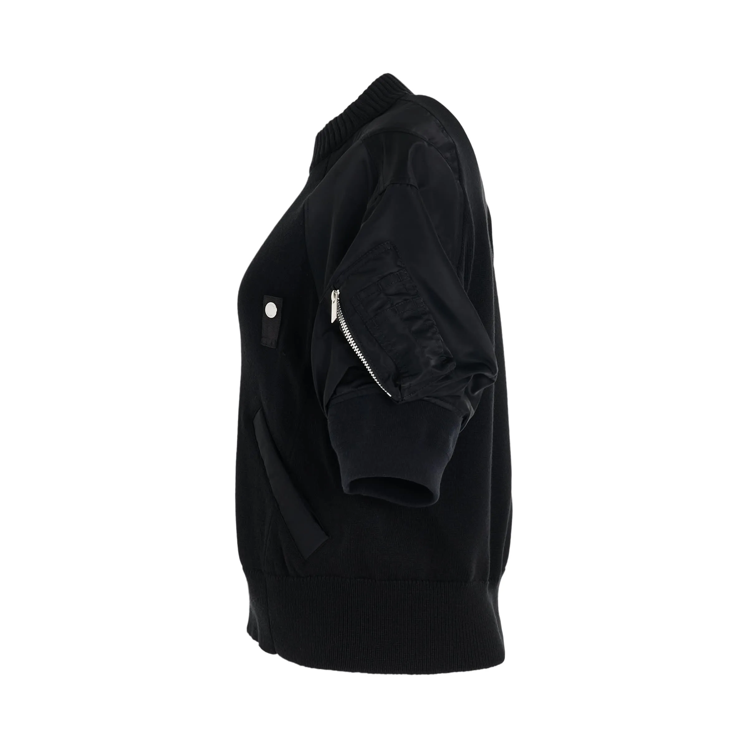 Nylon Twill x Knit Sweater in Black
