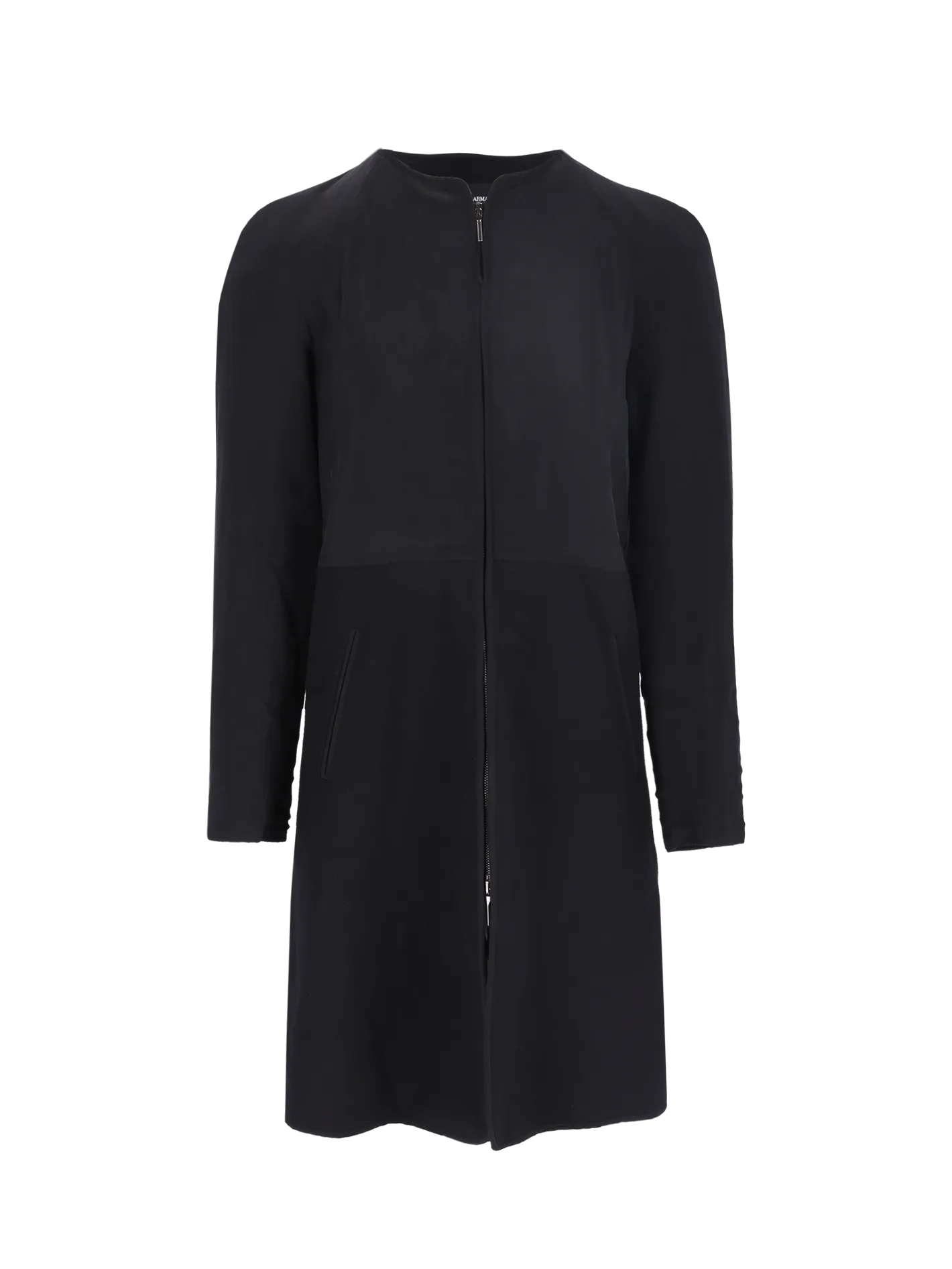 panelled collarless silk and wool-blend coat