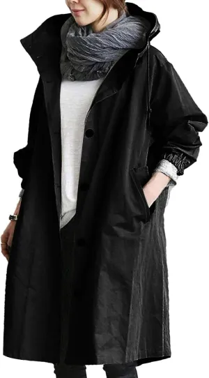 Plus Size Long Trench Jackets for Women Casual Button Down Waterproof Jacket Loose Lightweight Windbreaker Hooded Coats