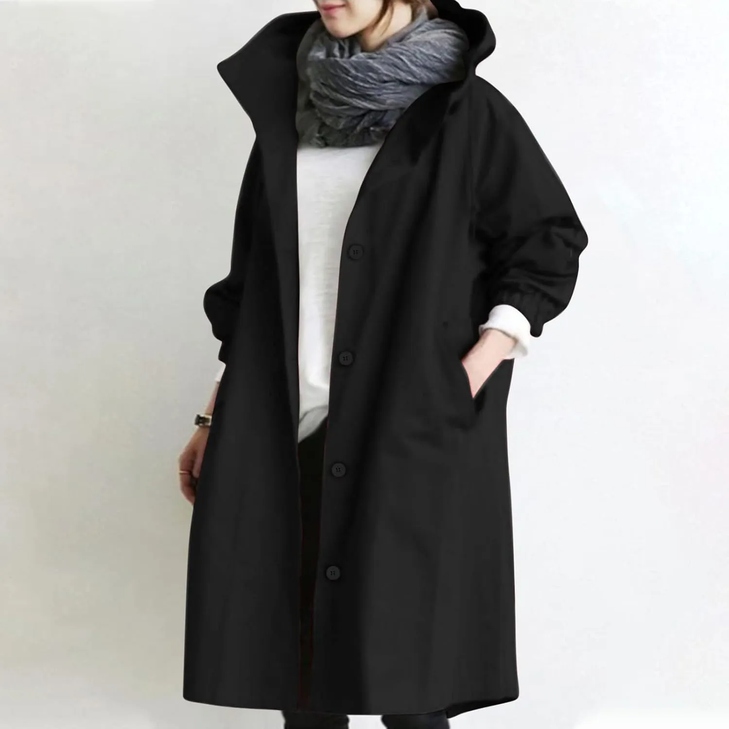 Plus Size Long Trench Jackets for Women Casual Button Down Waterproof Jacket Loose Lightweight Windbreaker Hooded Coats