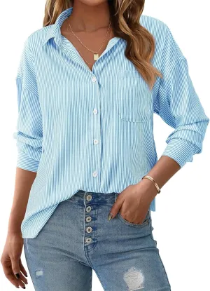 PRETTYGARDEN Womens Button Down Shirts Striped Long Sleeve Casual Collared Office Business Work Spring Blouses Tops