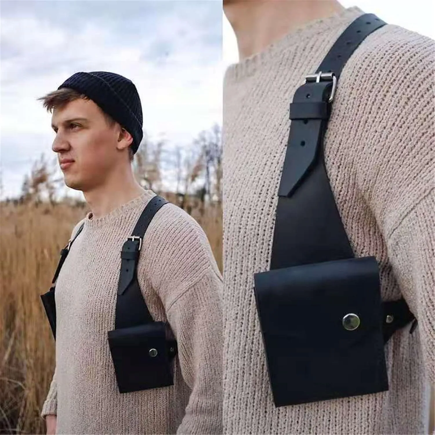 Resnan Underarm Double Shoulder Bag Leather Holster Wallet Adjustable Concealed Armpit Bag Crisscross Back Satchel