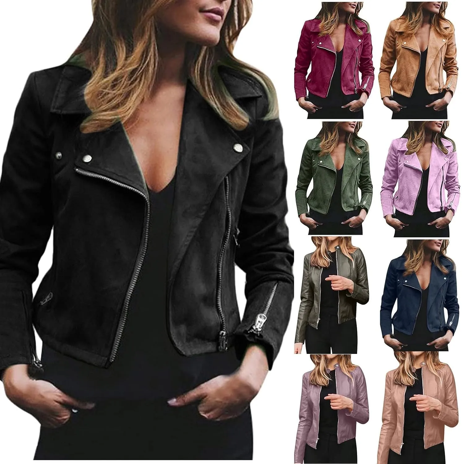 SACFOF Womens Leather Jacket Faux Suede Biker Jackets Fall Zip Up Pu Motorcycle Slim Fit Long Sleeve Coats with Pockets
