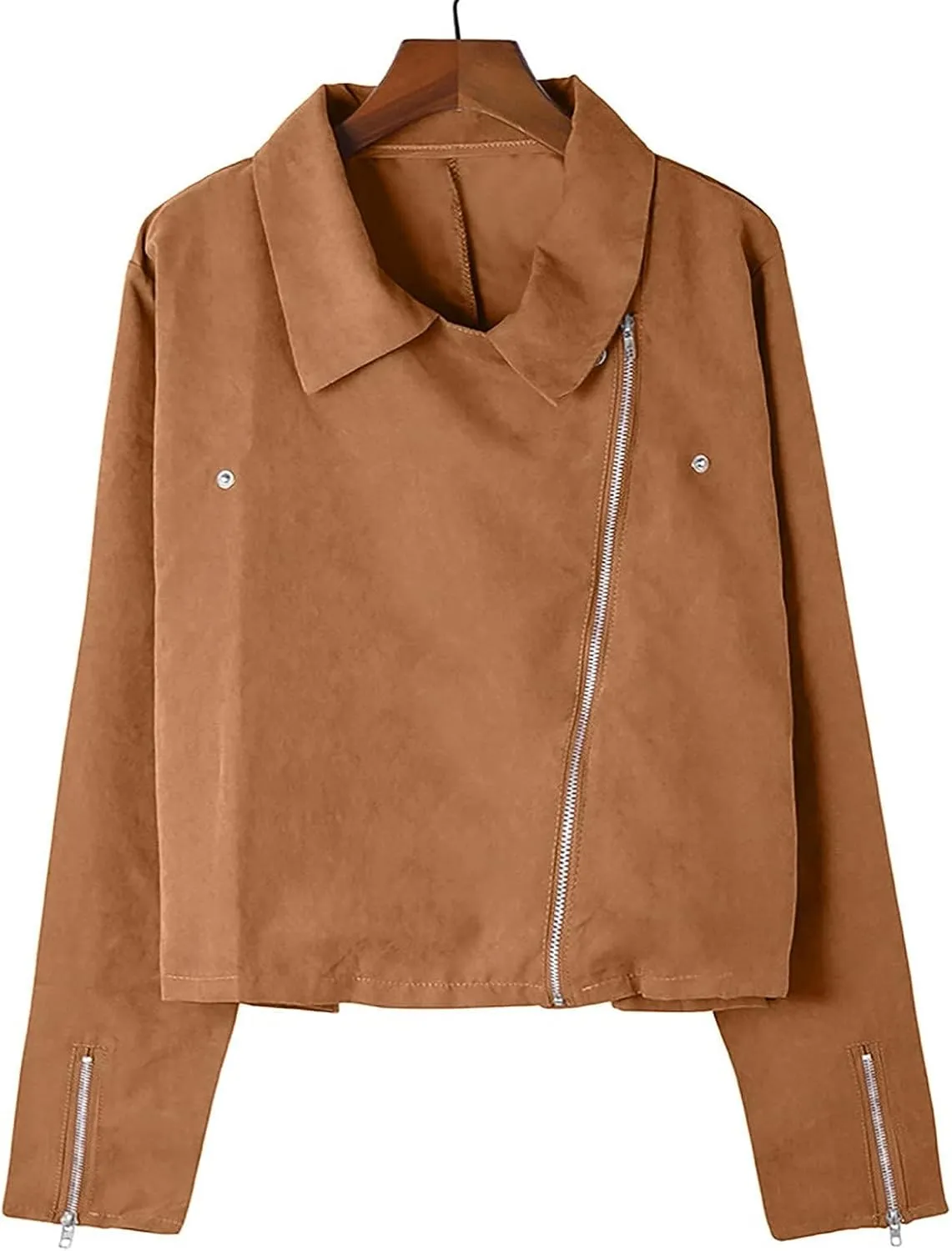 SACFOF Womens Leather Jacket Faux Suede Biker Jackets Fall Zip Up Pu Motorcycle Slim Fit Long Sleeve Coats with Pockets