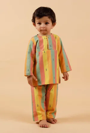 Set Of 2: Yellow Striped Woven Kurta With Striped Woven Pant