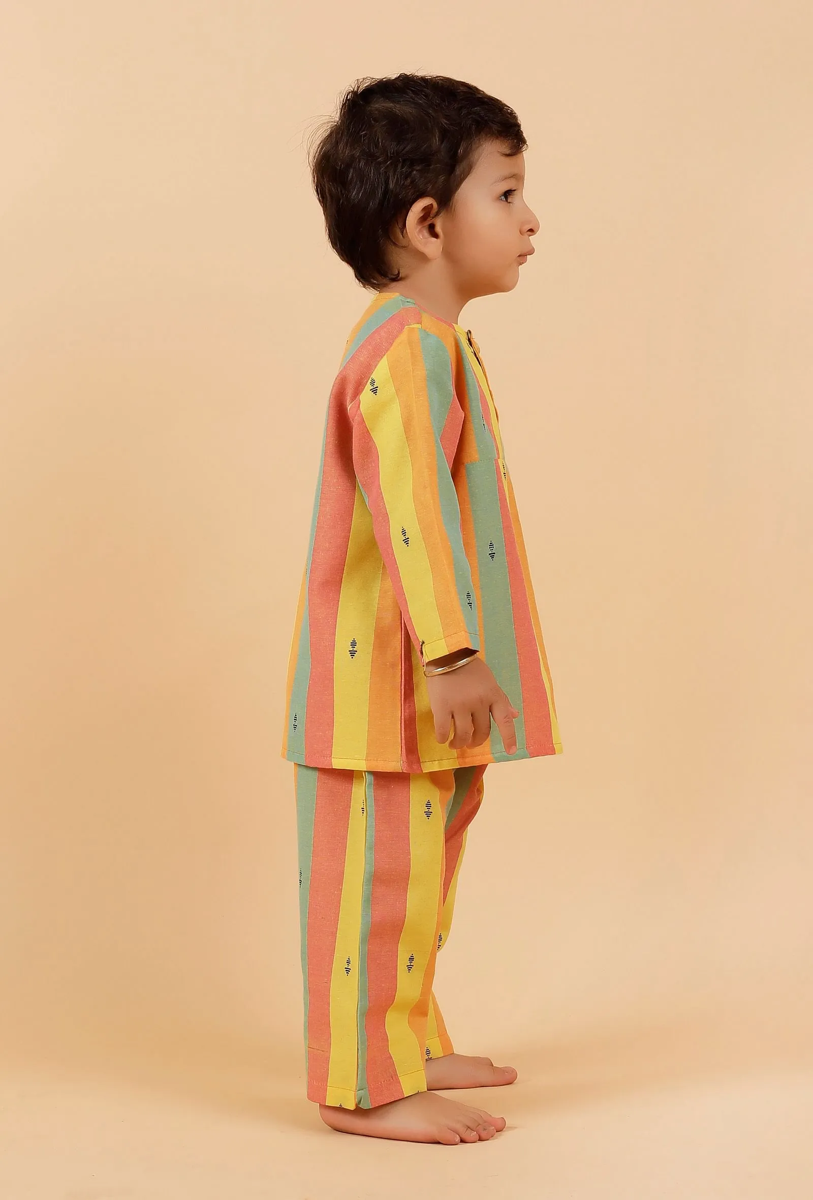 Set Of 2: Yellow Striped Woven Kurta With Striped Woven Pant