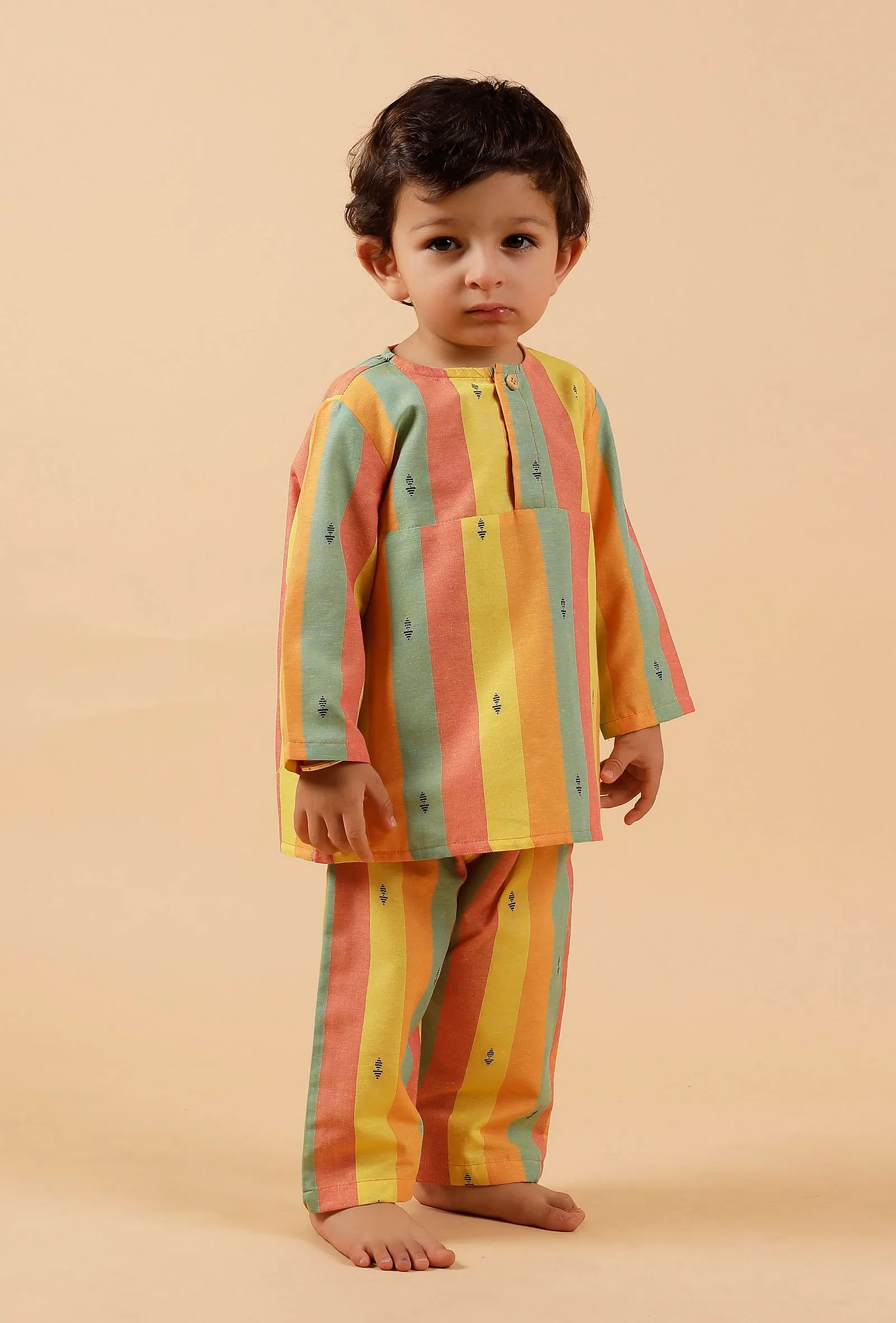 Set Of 2: Yellow Striped Woven Kurta With Striped Woven Pant