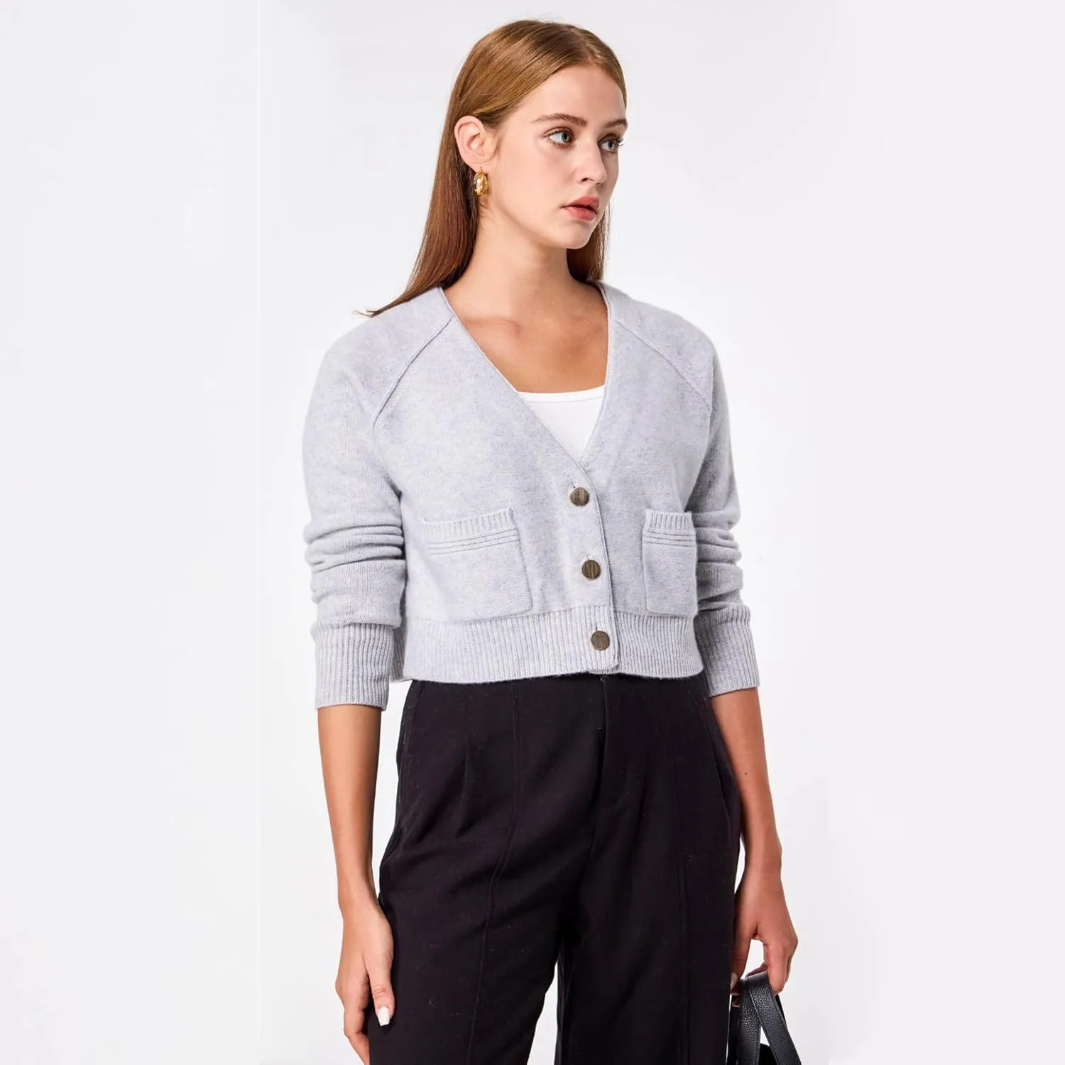 Simple&Opulence Women's Cashmere Cardigan Sweater, Cashmere Long Sleeve V Neck Open Front Cardigan with Pocket