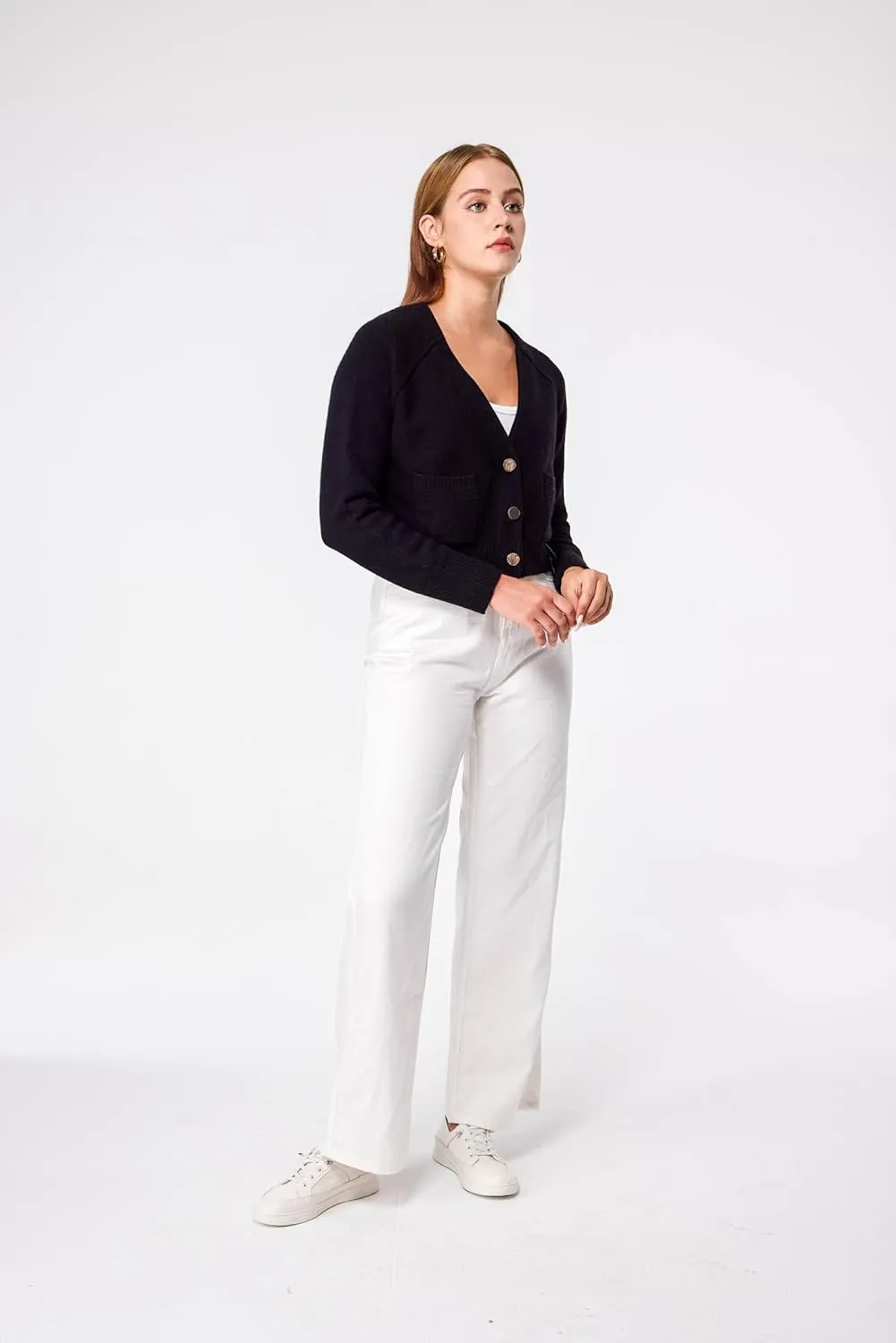 Simple&Opulence Women's Cashmere Cardigan Sweater, Cashmere Long Sleeve V Neck Open Front Cardigan with Pocket