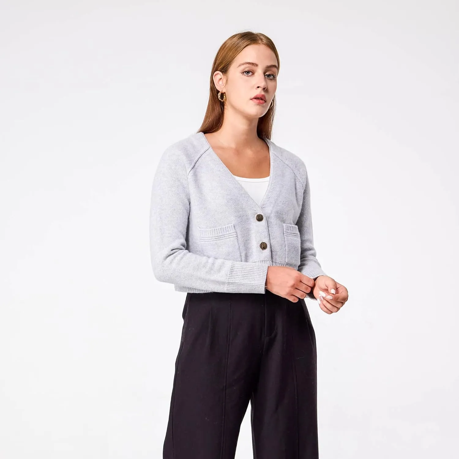 Simple&Opulence Women's Cashmere Cardigan Sweater, Cashmere Long Sleeve V Neck Open Front Cardigan with Pocket