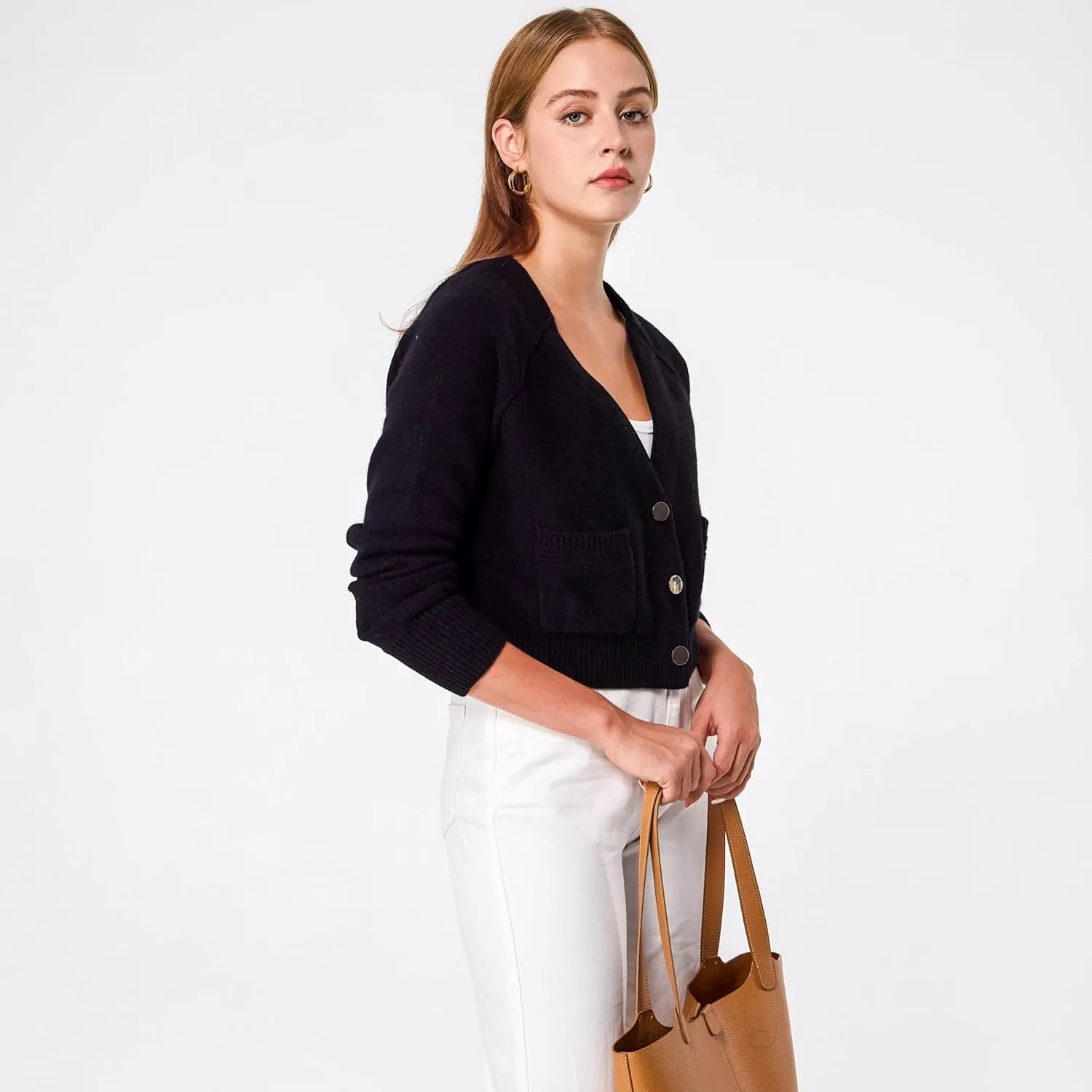 Simple&Opulence Women's Cashmere Cardigan Sweater, Cashmere Long Sleeve V Neck Open Front Cardigan with Pocket