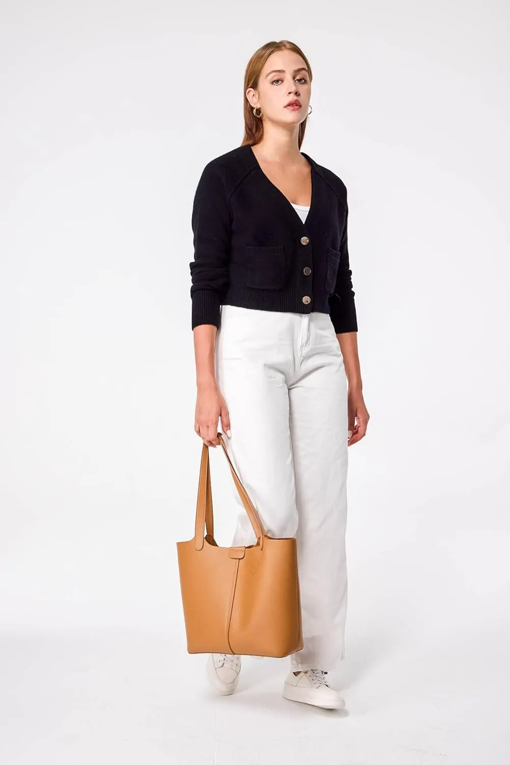 Simple&Opulence Women's Cashmere Cardigan Sweater, Cashmere Long Sleeve V Neck Open Front Cardigan with Pocket
