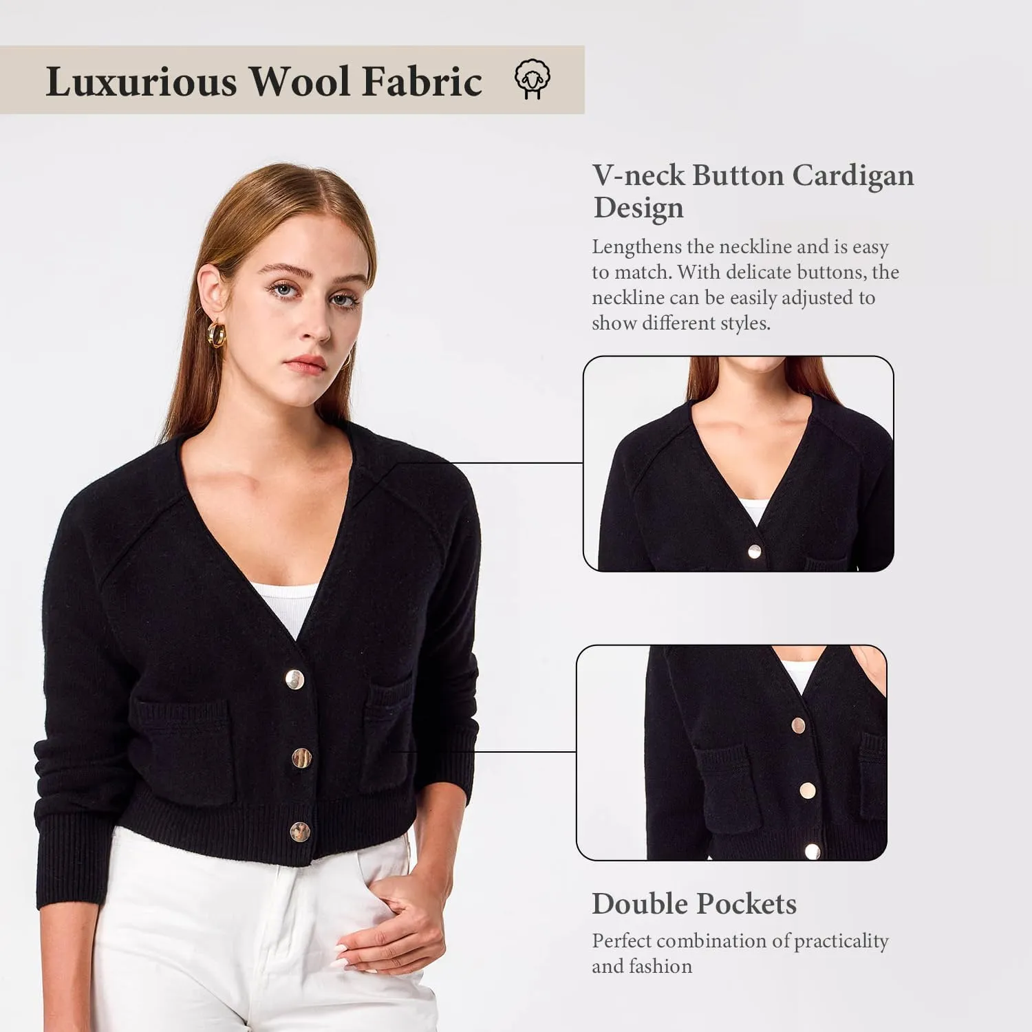 Simple&Opulence Women's Cashmere Cardigan Sweater, Cashmere Long Sleeve V Neck Open Front Cardigan with Pocket