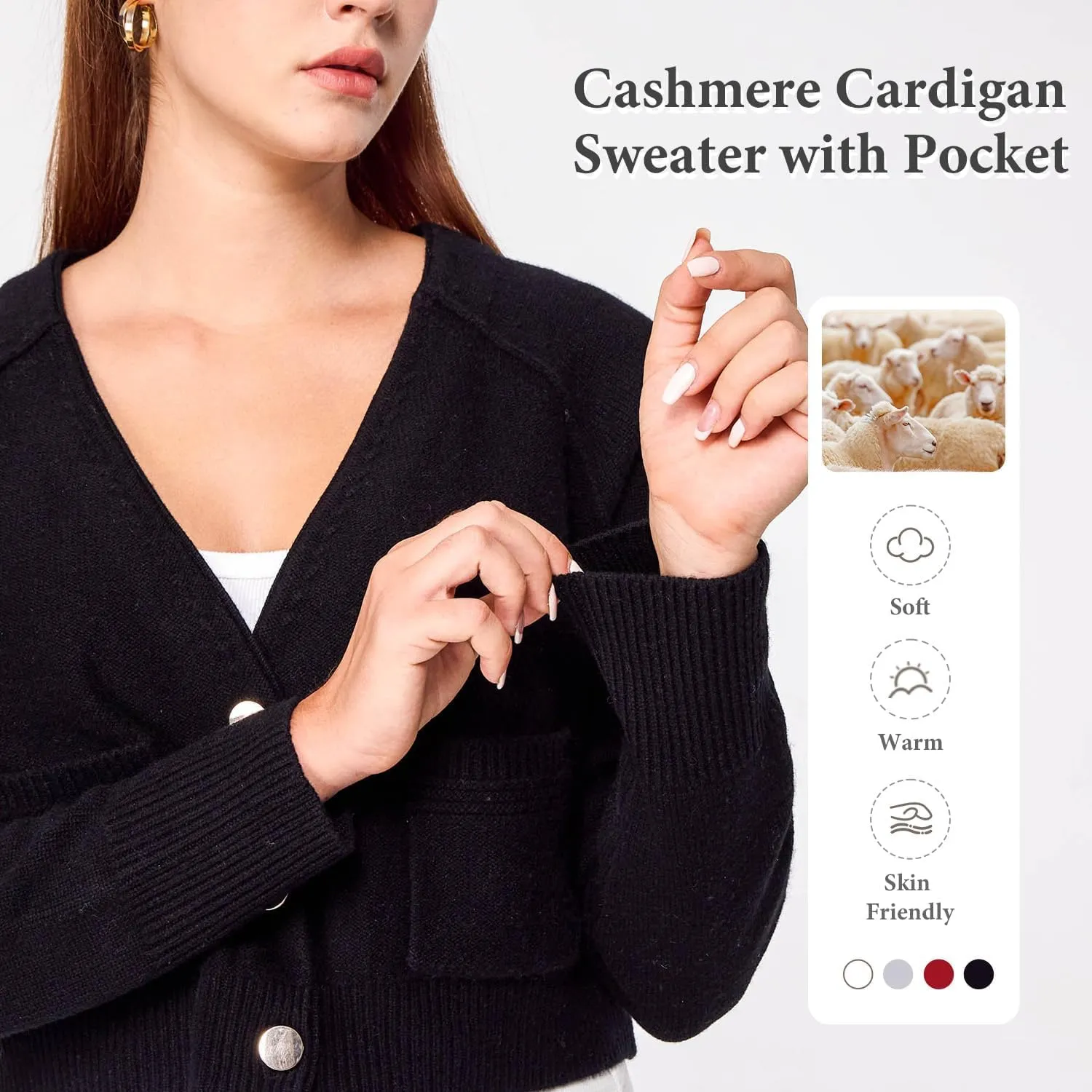 Simple&Opulence Women's Cashmere Cardigan Sweater, Cashmere Long Sleeve V Neck Open Front Cardigan with Pocket