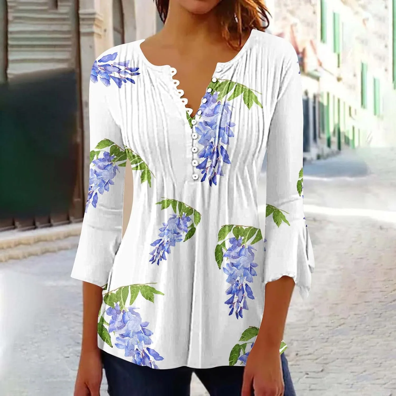 Summer Shirts for Women Vintage Bohemian Floral Print Graphic Blouse Causal 3/4 Sleeve Empire Waist Button Down Tops